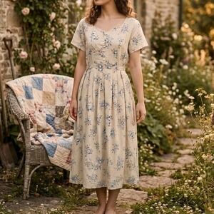Erika Collection Midi Dress Large Beige Floral Linen Blend VTG 90s Cottagecore